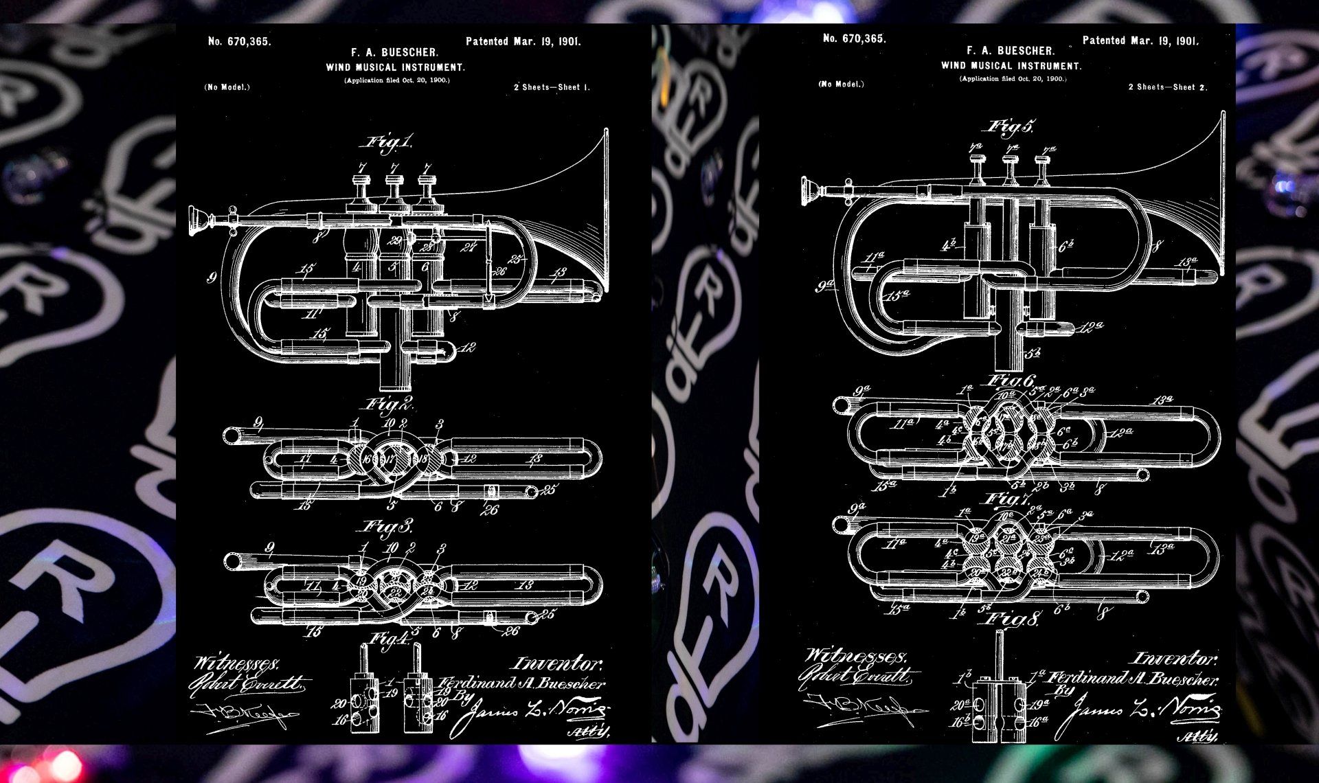 Two black and white trumpet patent diagrams against a dark background with a lightbulb pattern.