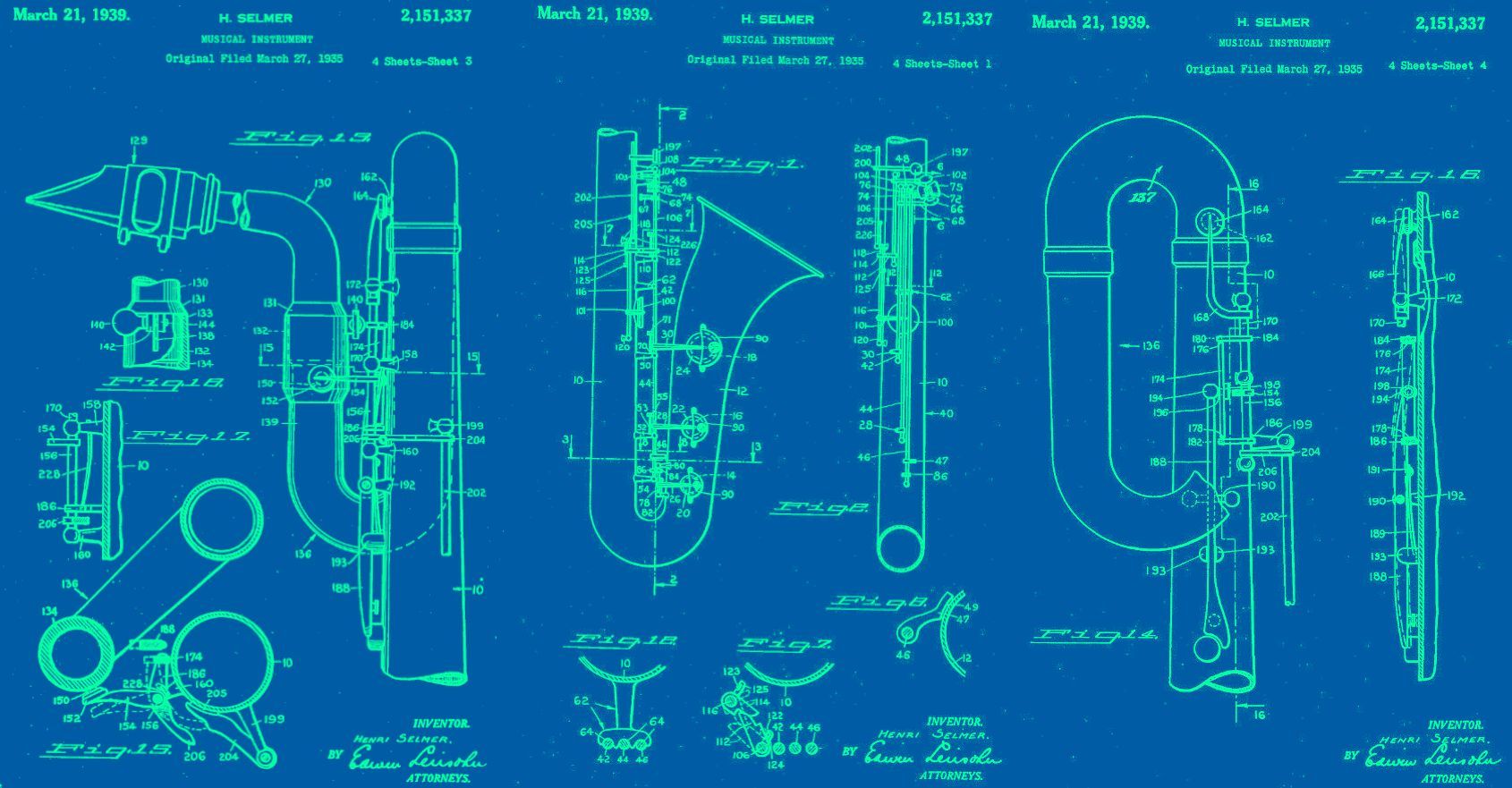 Blue blueprint-style diagram of a saxophone's internal components, rendered in light blue on a dark blue background.