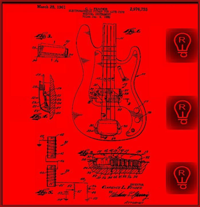 Patent drawing of a bass guitar with electrical components and other diagrams on a red background.