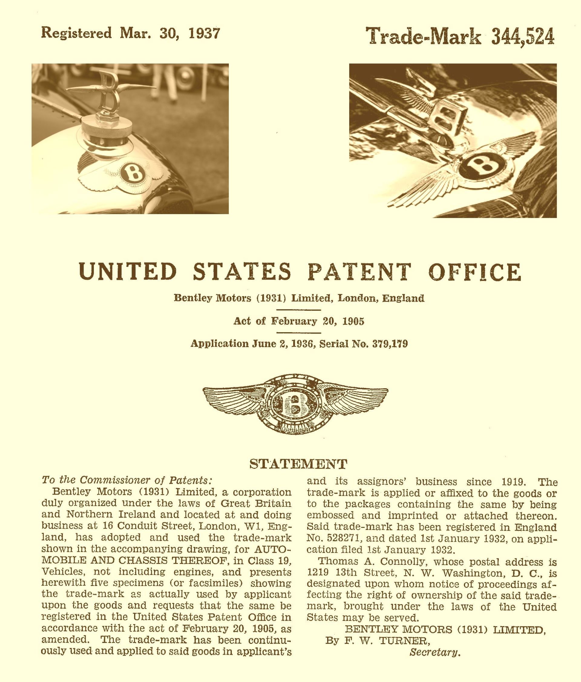 US Patent Office document with BMW trademark registration.