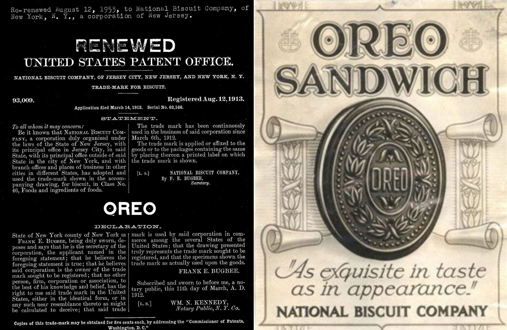 Patent document and vintage advertisement for Oreo sandwich cookie.