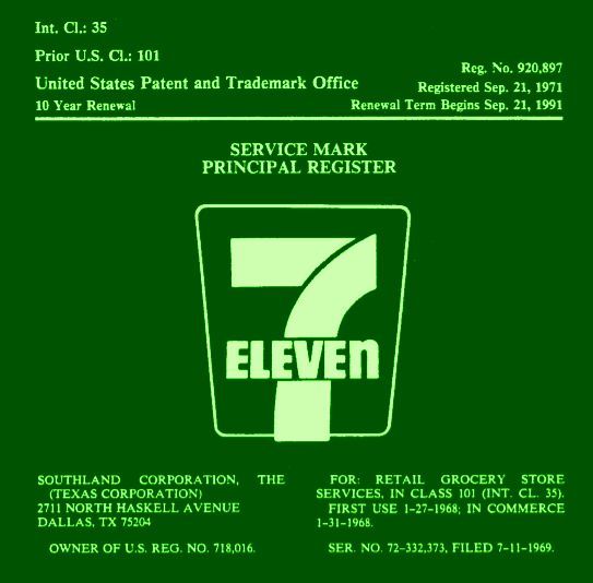 Green and white 7-Eleven service mark registration. Text includes details about the registration, owner, and service.