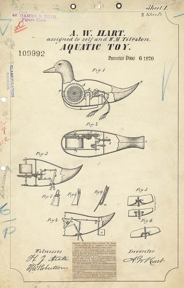 Patent drawing of an aquatic toy duck with internal mechanisms, dated June 4, 1878.