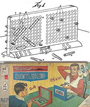 Top: Patent drawing of the board game Battleship. Bottom: Battleship box showing two boys playing.