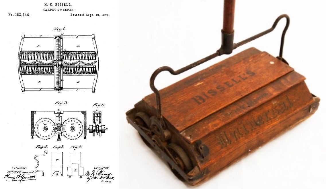 Patent drawing of a carpet sweeper next to a wood and metal Bissell carpet sweeper.