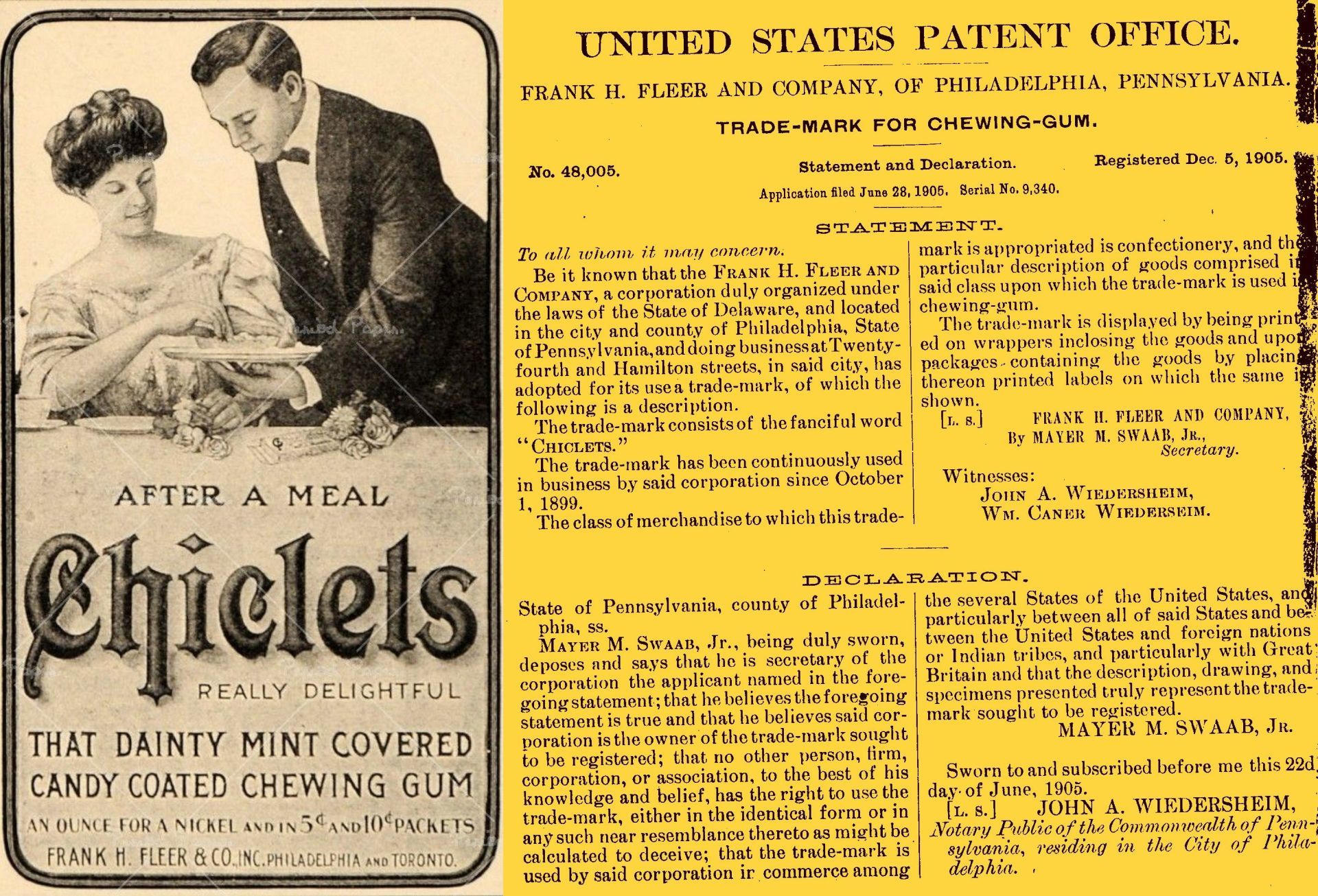 Advertisement for Chiclets candy. A woman and man sit at a table; the ad includes text and a patent document.