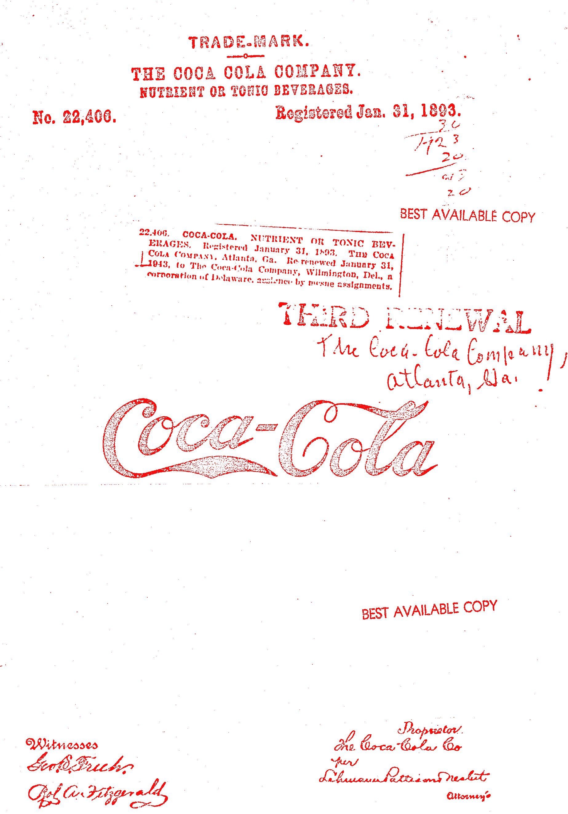Trademark document for Coca-Cola, with the logo in script, dated January 20, 1903, in red ink on white.