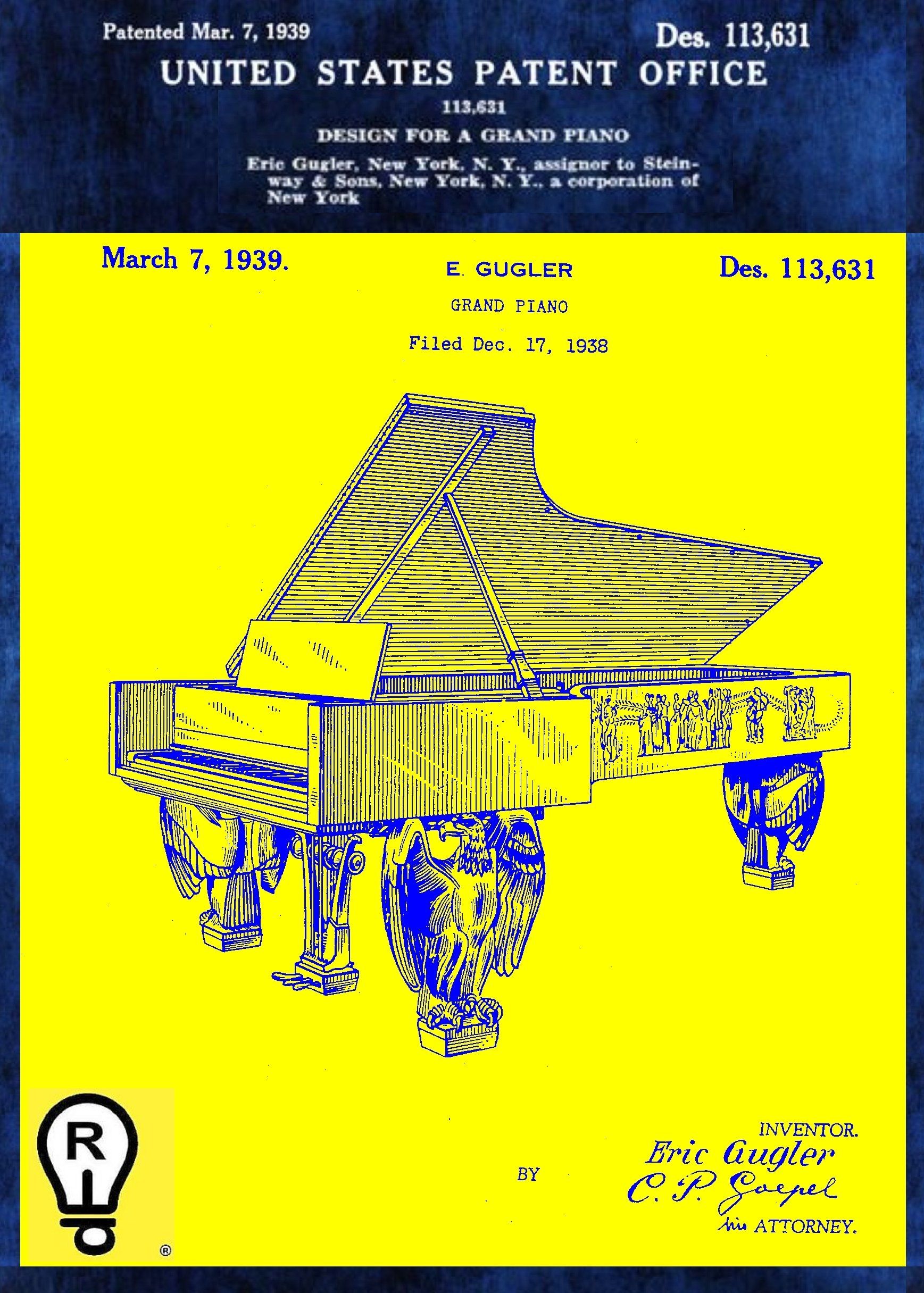 Patent drawing of a grand piano, blue and yellow.