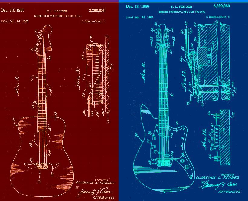 Two guitar patent schematics, one acoustic (red) and one electric (blue), against respective color backgrounds.