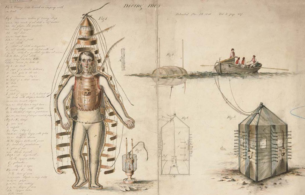 Drawing of a man in diving suit with a boat, tent-like structure, and notes; sepia tones and colored details.