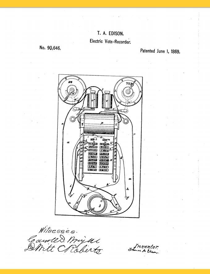 Patent drawing of Thomas Edison's electric note recorder. Shows the device's components and tape path.