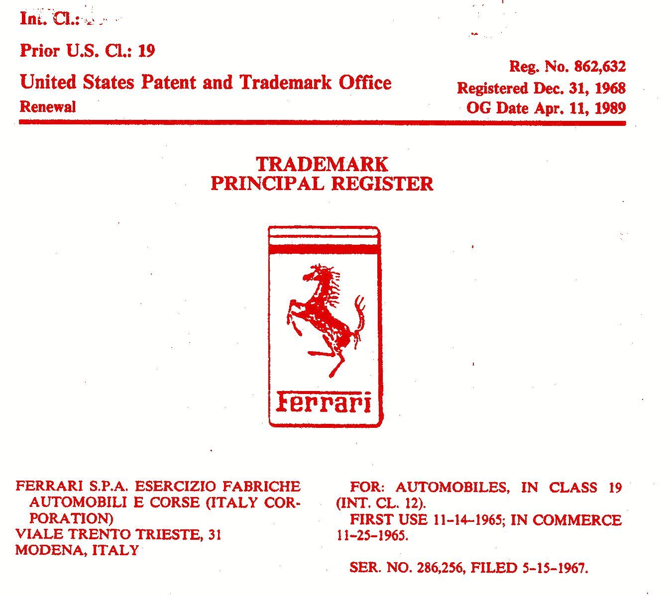 Trademark registration document of the Ferrari logo: a red prancing horse on a yellow shield, and the name Ferrari.