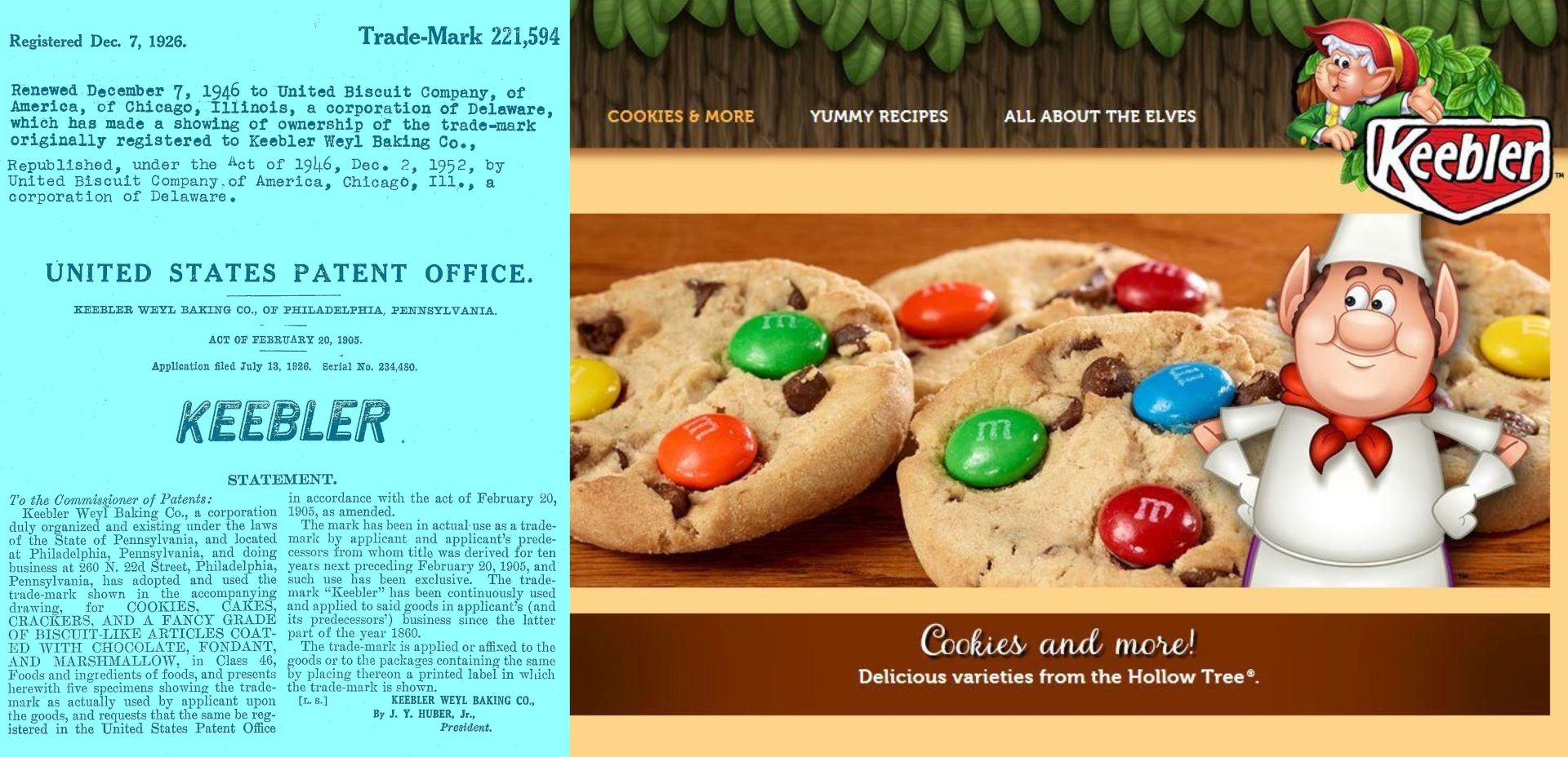 Keebler website with cookies and an elf next to a patent document.