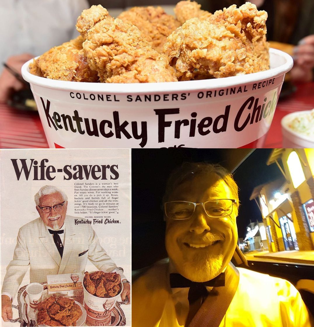 A bucket of KFC fried chicken; vintage ad of Colonel Sanders, and a man dressed as the Colonel.