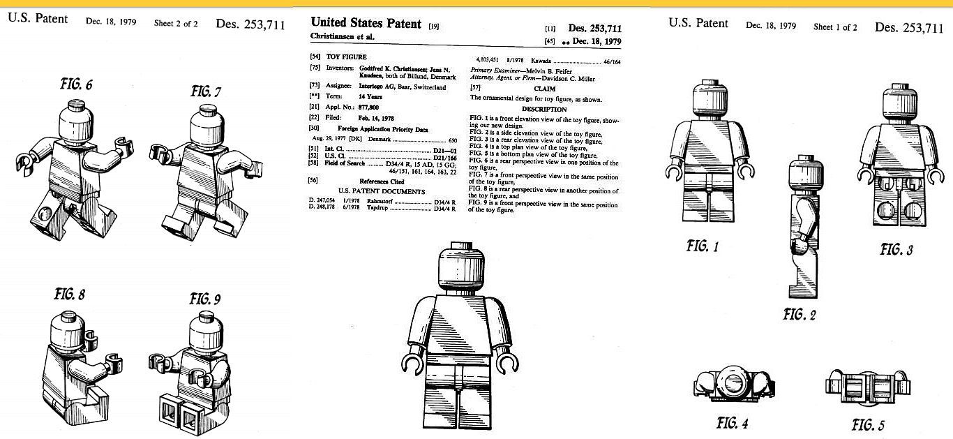 Lego minifigure patent drawings showing different views and details.