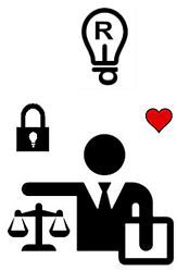 Person with briefcase pointing at scales, beside a lock, heart, and lightbulb with 
