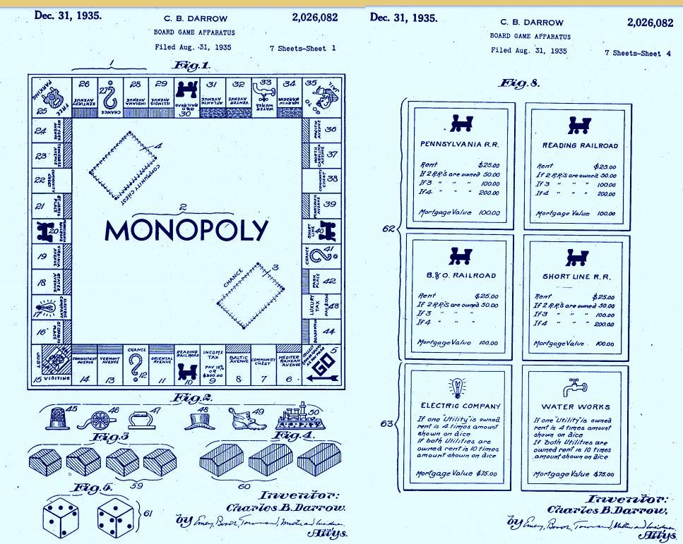 Monopoly game patent document with board layout, cards, and dice illustrations.