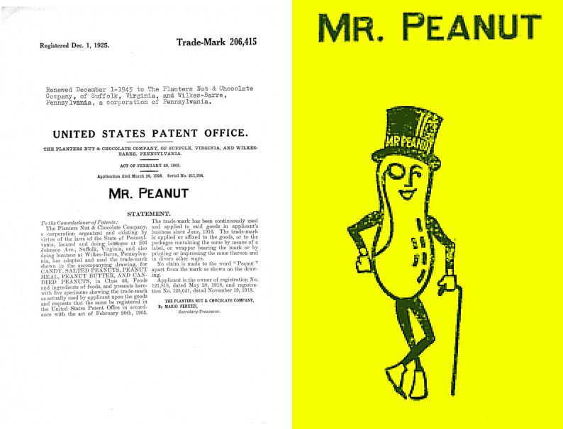 Legal document with Mr. Peanut logo. Yellow background, green line drawing of top-hatted peanut holding cane.