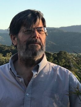Man with beard and glasses, outdoors with a mountain backdrop.