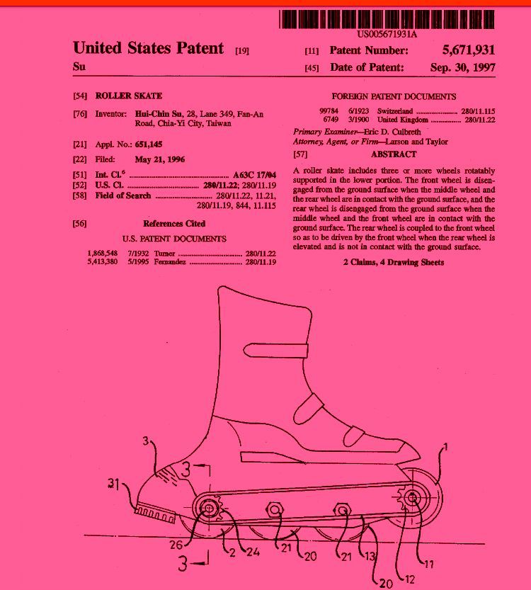 Patent drawing of a roller skate with wheels; the skate is pink.