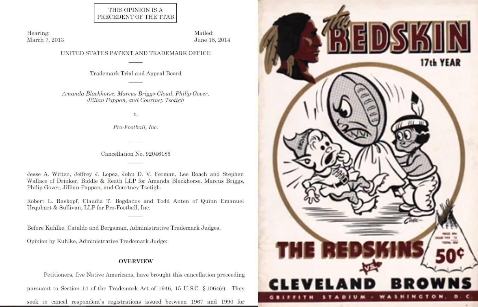 A legal document next to a Redskins football program from 1944 featuring a cartoon Native American.