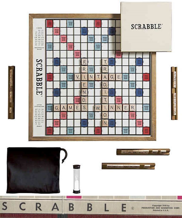 Scrabble board game set: vintage-style wooden board, letter tiles, and accessories.