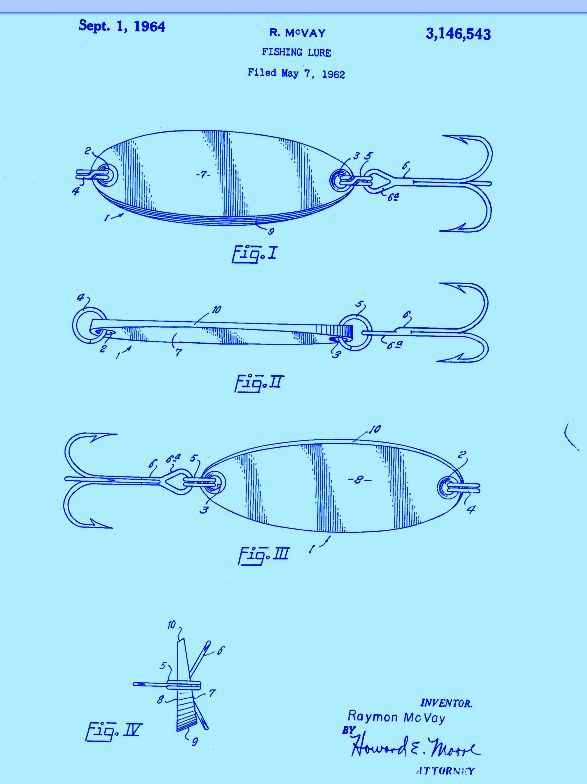 Patent drawing of a fishing lure showing three different designs, plus a cross-section of the hook.