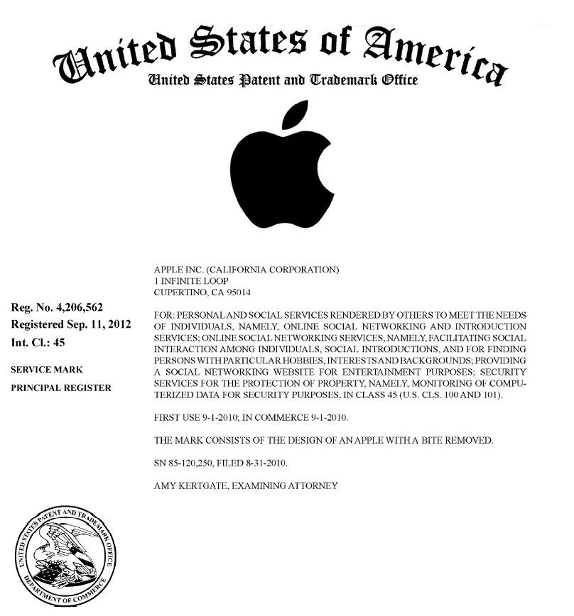 Patent document featuring the Apple logo, including registration details and legal text.
