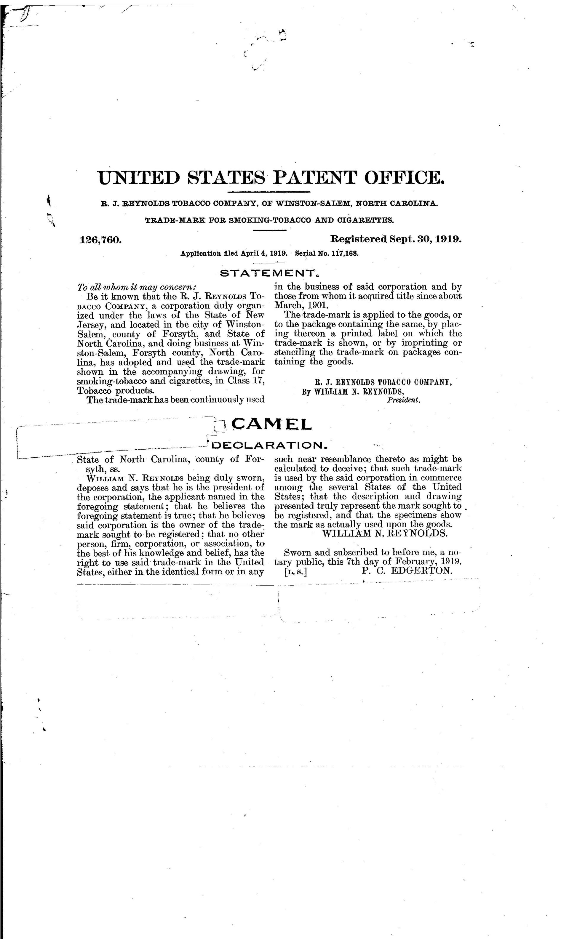 A document from the U.S. Patent Office, likely related to a camel.