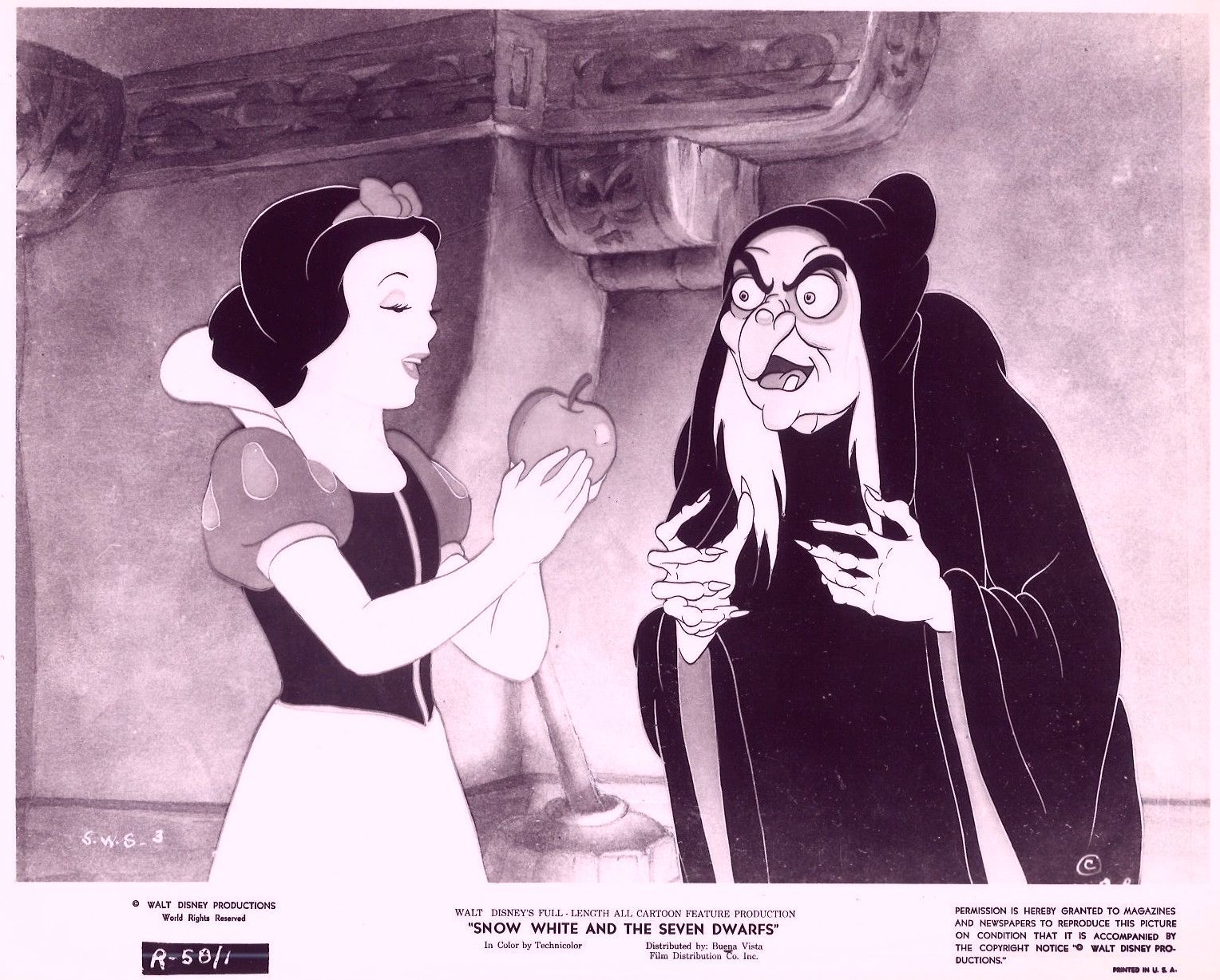 Snow White accepting an apple from the Evil Queen, who has a sinister grin. Black and white scene in a castle.