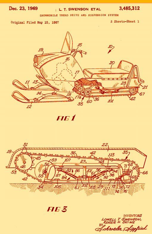 Patent drawing of a snowmobile, top view and side view, detailing mechanical components.