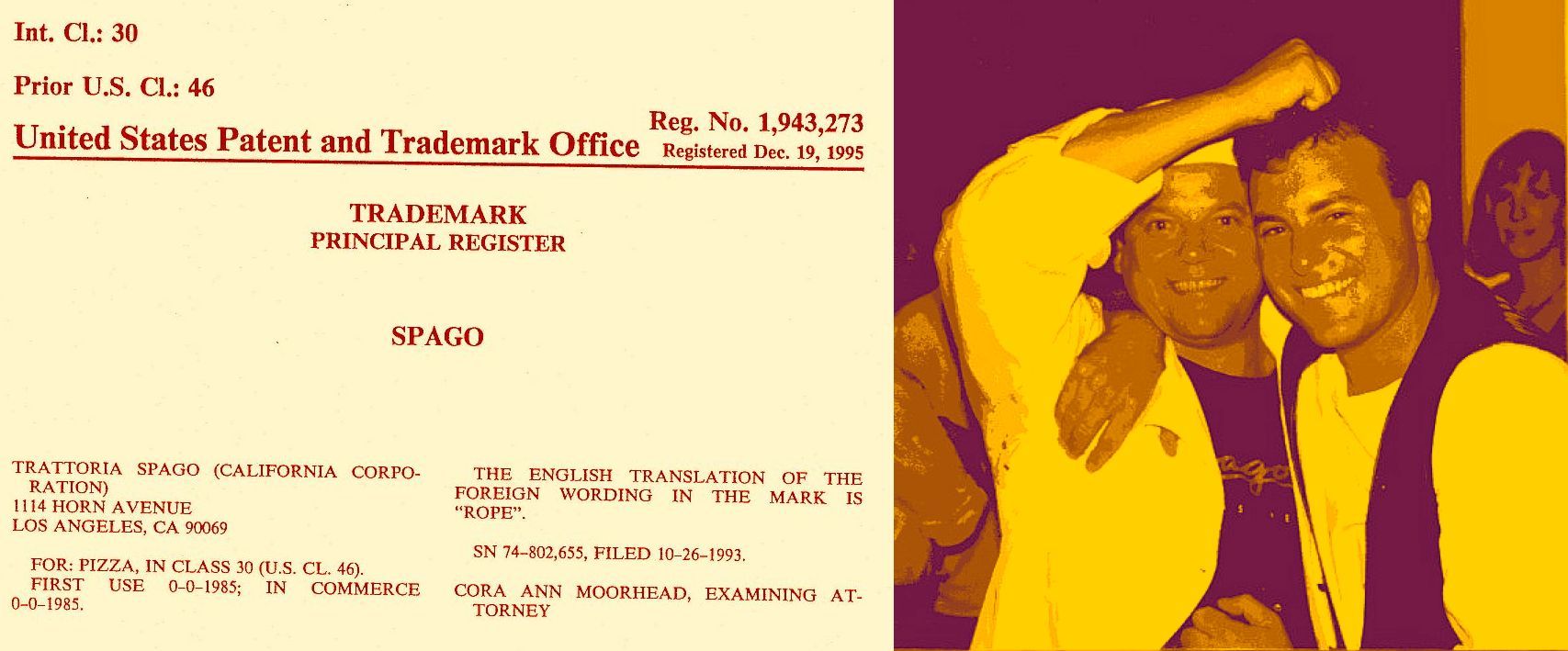 Two people smiling, one with fist raised, next to a faded document.