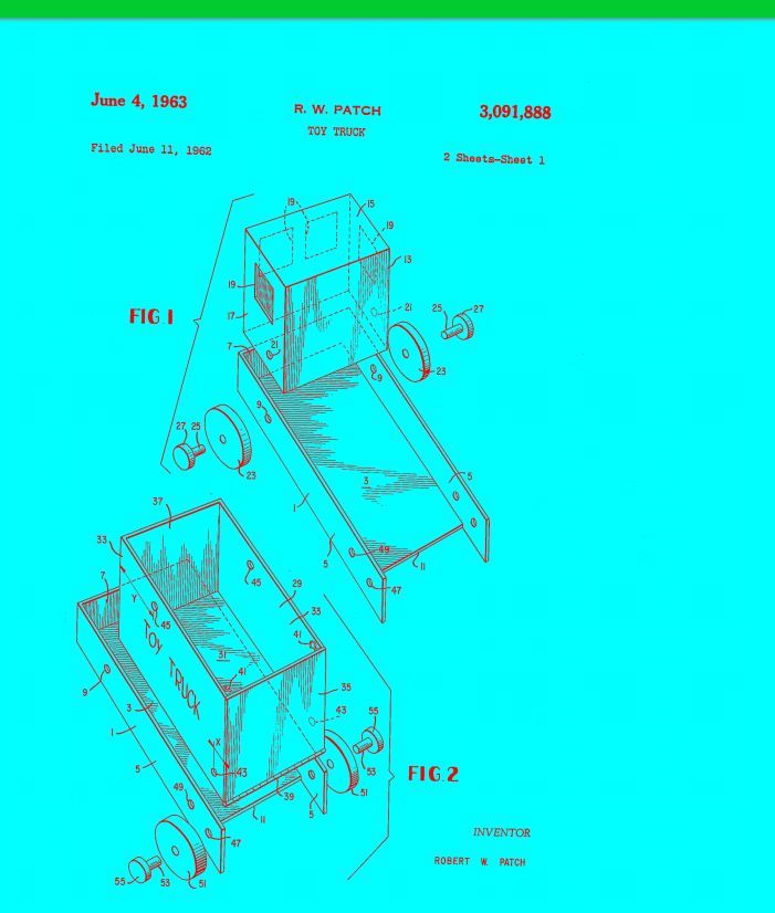 Diagram of an old mining cart design, with wheels, a hopper, and a discharge chute.