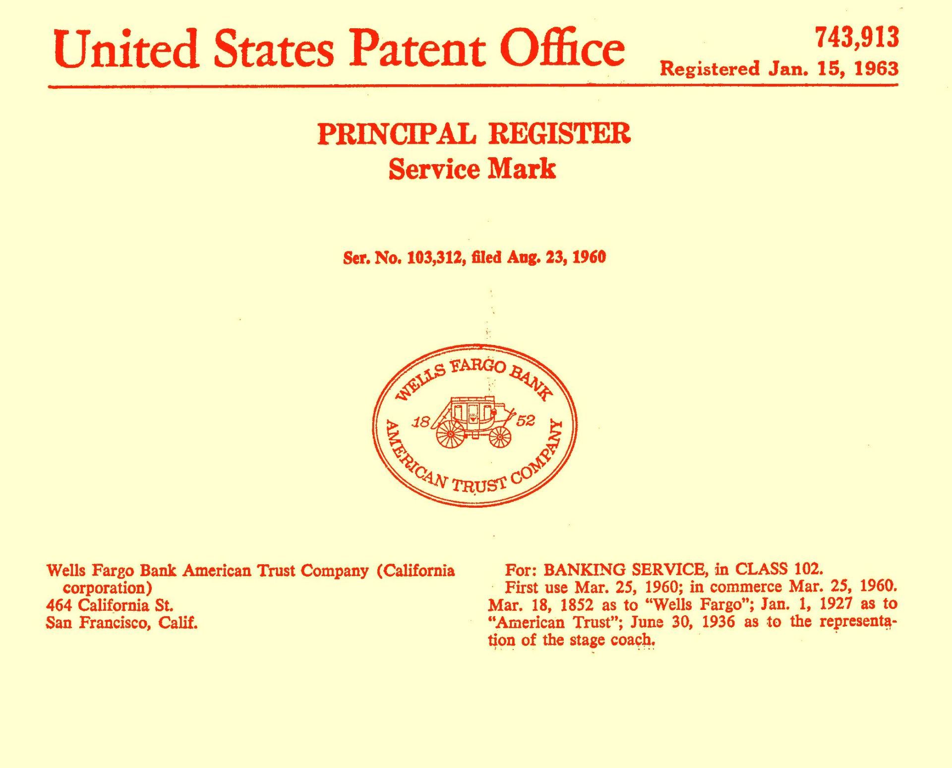 Official document from United States Patent Office for Wells Fargo Bank, with logo and registration details.