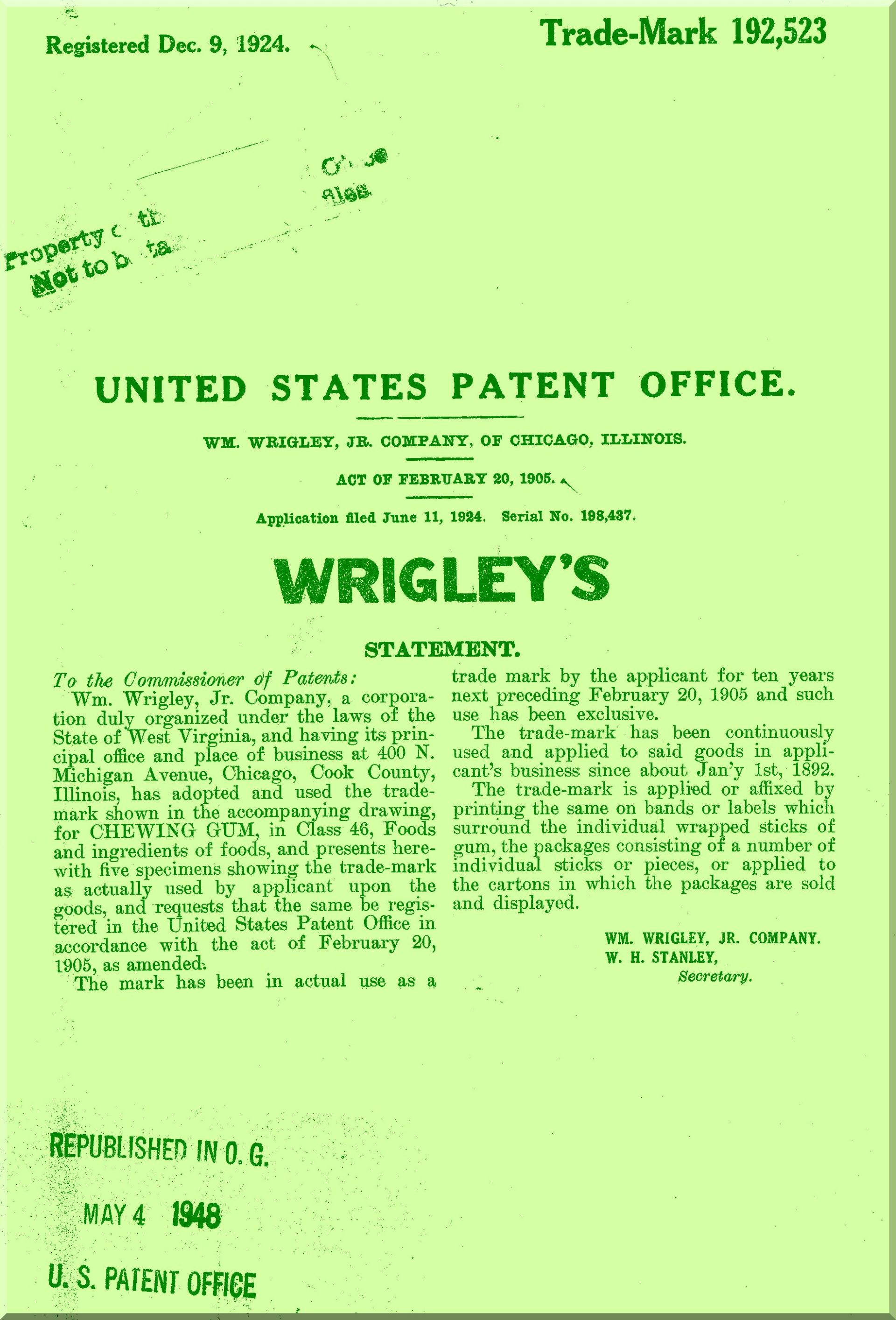 Wrigley's patent document: Green text on a green-tinted page, featuring official seal and details.
