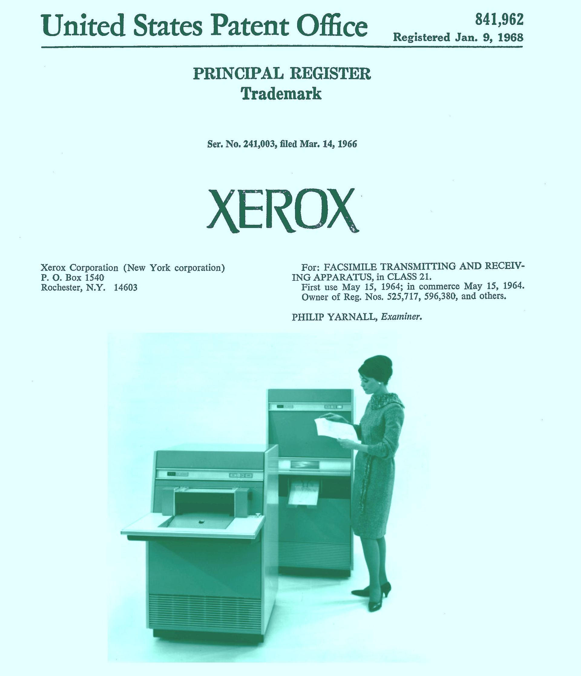 Xerox trademark registration document with image of a woman using an office copier.