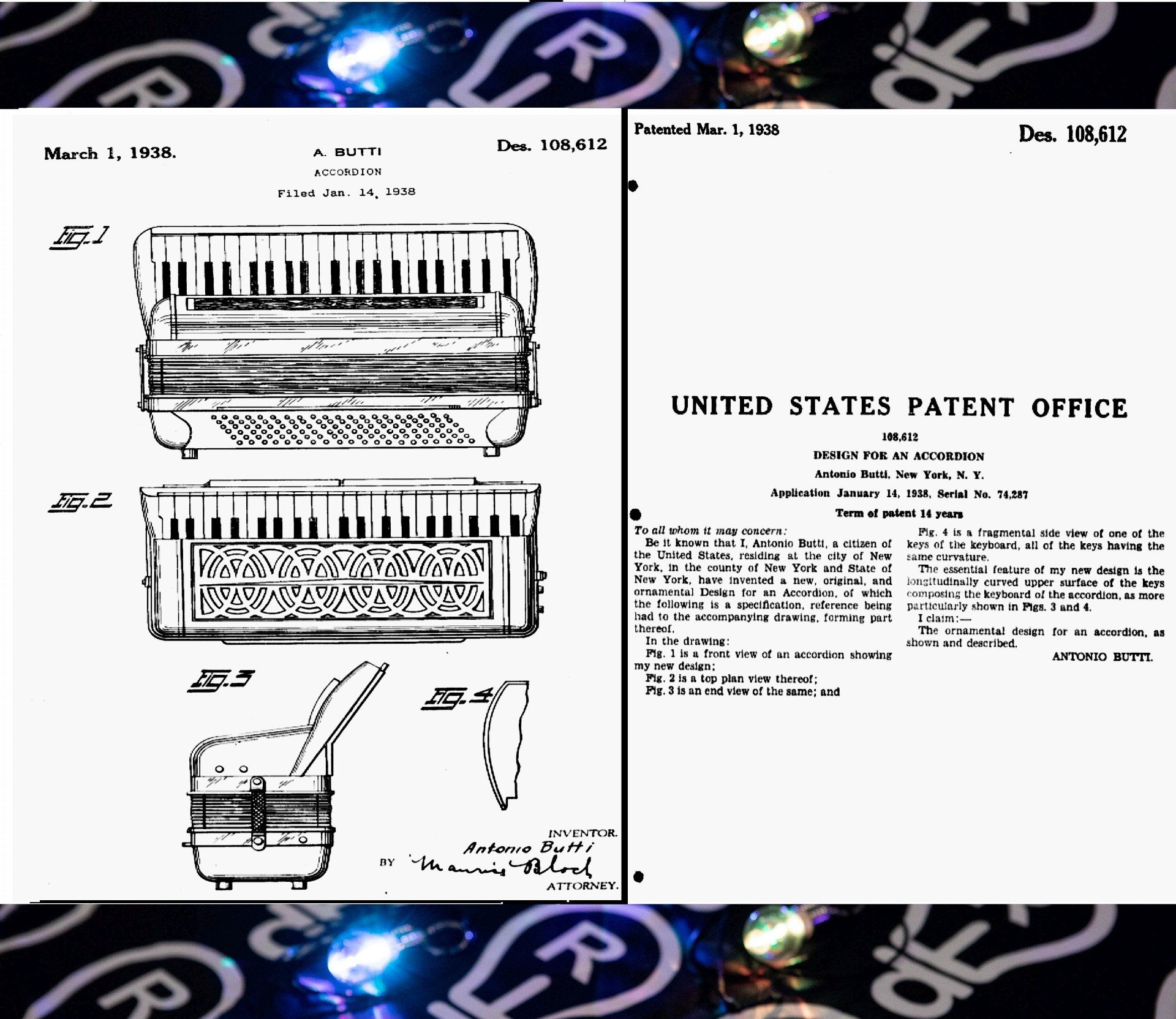 Patent diagrams of an accordion, including a side view, and the cover page of a US patent.