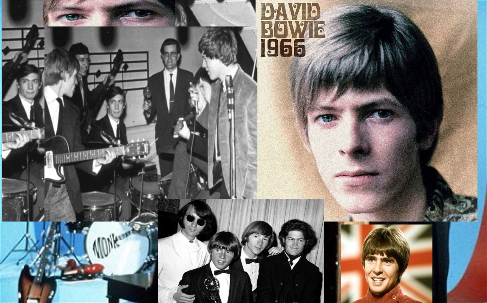 Collage featuring David Bowie (1966) album cover, plus band photos and performance shots. Black and white and color images.