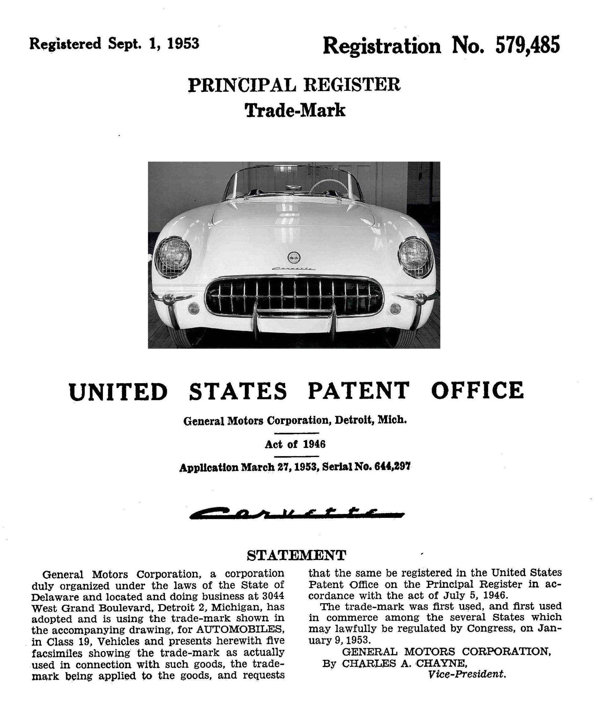 Trademark registration for the Corvette car, with a photo of the car and text from the U.S. Patent Office.