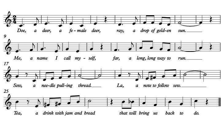 Sheet music with musical notes and lyrics from a song starting with “Doe, a deer, a female deer…”