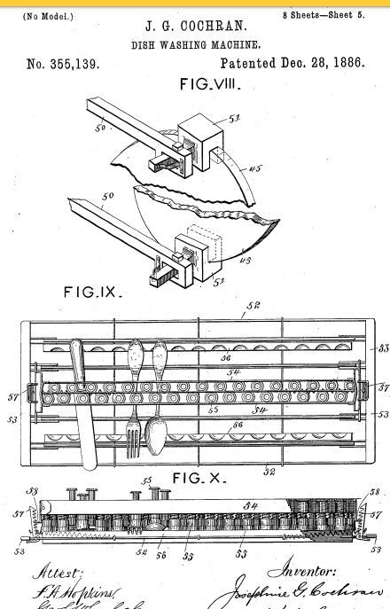 Diagram of a die making machine patent from 1886, showing top, side, and perspective views of the mechanism.