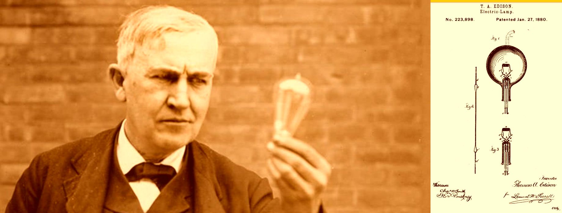 Thomas Edison holding a lightbulb, with a diagram of a lightbulb patent beside him.