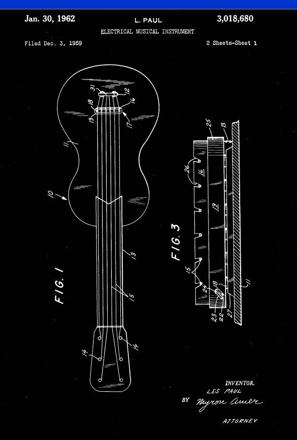Patent diagram of an electric guitar, black background, by Les Paul, January 30, 1962.