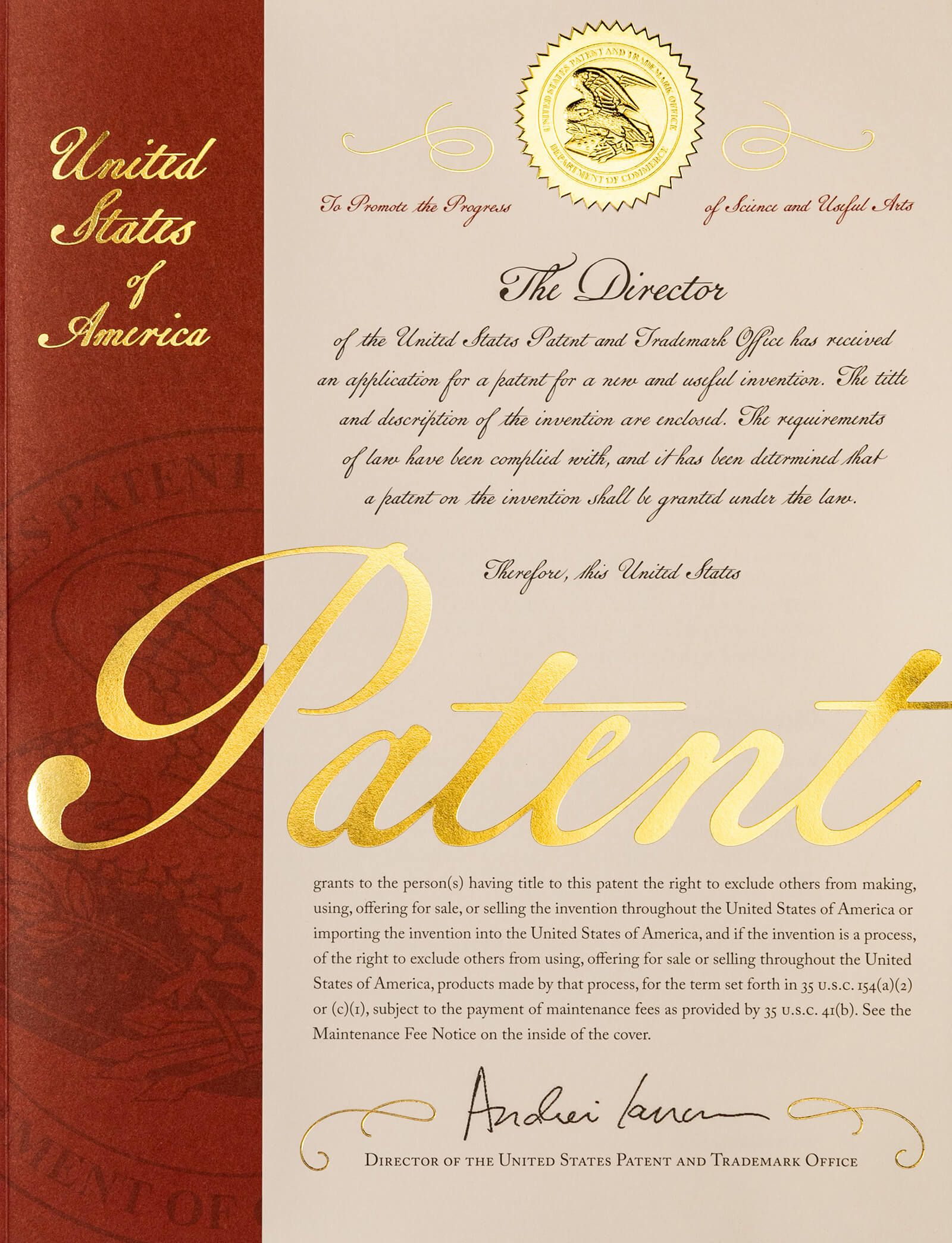 United States patent certificate, with golden text and seal on a reddish-brown background.