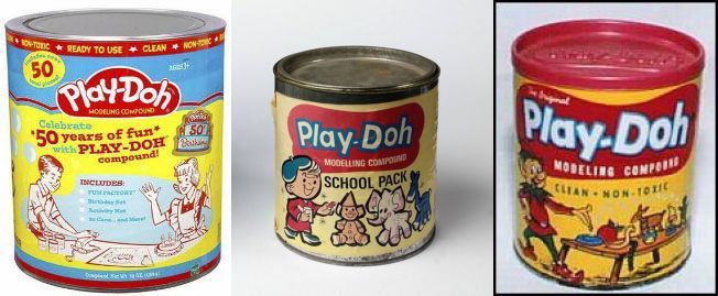 Three vintage Play-Doh containers with colorful labels and logos: a 50th-anniversary can, a school pack, and a classic can.