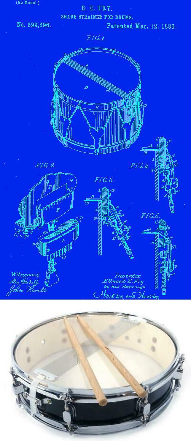 Blueprint diagram of a snare drum with a bottom photo of a snare drum with drumsticks.
