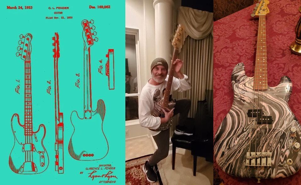 Bass guitar comparison: patent drawing, musician holding a bass, and finished instrument with swirling pattern.