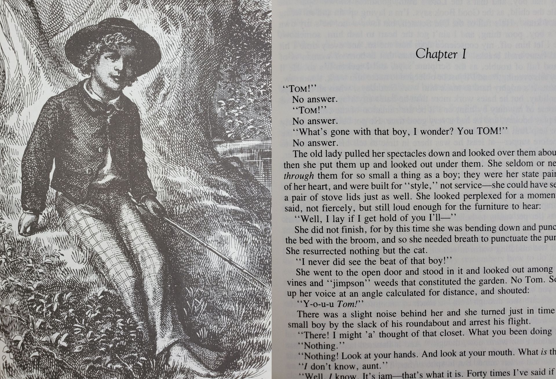 A sepia illustration of a young boy with a hat sitting next to text from a book.