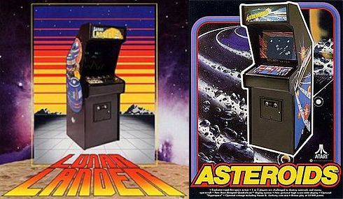 Two arcade game cabinets: Lunar Lander and Asteroids, each with colorful artwork in a space setting.