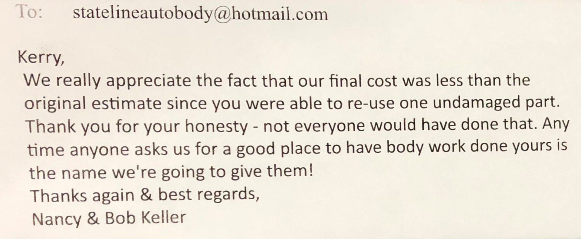 Letter from Nancy and Bob — Oxford, OH — Stateline Auto Body